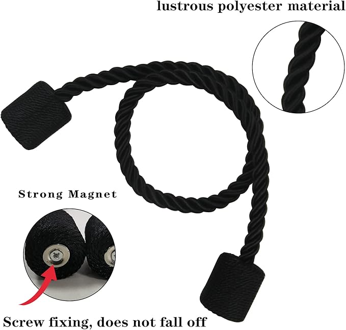 4 Pack Strong Magnetic Curtain Tiebacks Outdoor Elegant Decorative Tie Backs Modern Rope Tiebacks for Drapes Window Curtain Holdbacks for Draperies- Black