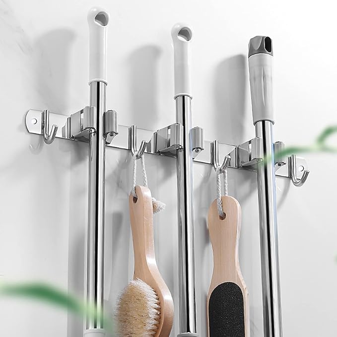 2 Pcs Mop Broom Holder Wall Mounted, Dustpan Holders, Stainless Steel Mop Hangers Organizer, Broom Rack, Utility Hook for Hanging Brooms and Mops(3 Racks 4 Hooks and 2 Racks 3 Hooks)
