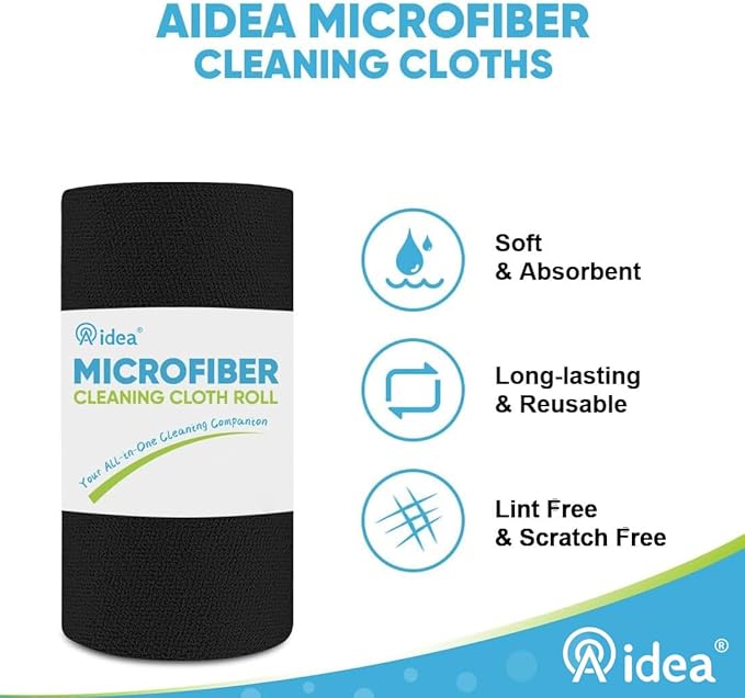 AIDEA Microfiber Cleaning Cloth 165 Sheets 3 Roll, Black Microfiber Towels for Cars, Shop Rags Washable, Cleaning Rags Reusable Paper Towels for Automotive, Mechanic, Workshops, House, 11×9"