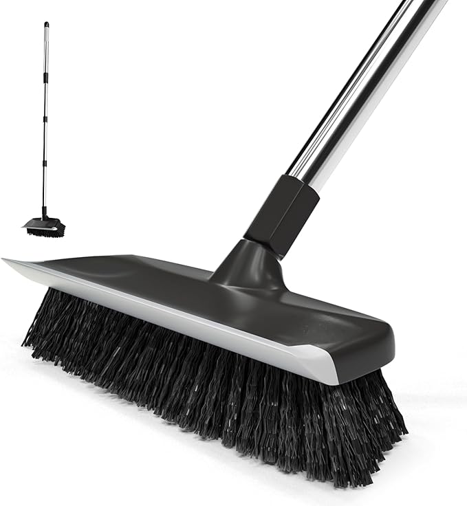 ITTAR Scrub Brush with Long Handle, 10" Wide Stiff Bristles Deck Brush, Heavy-Duty Floor Cleaning Brush, 2-in-1 Scrubber Squeegee Broom for Cleaning Patio, Pool, Kitchen, Garage, Bathroom Floor-Black