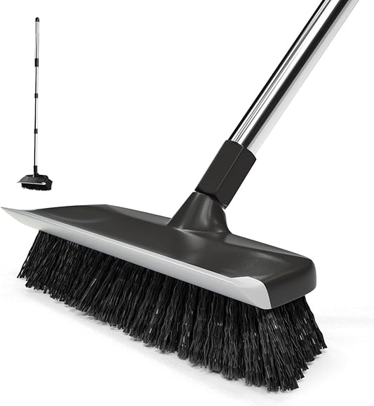 ITTAR Scrub Brush with Long Handle, 10" Wide Stiff Bristles Deck Brush, Heavy-Duty Floor Cleaning Brush, 2-in-1 Scrubber Squeegee Broom for Cleaning Patio, Pool, Kitchen, Garage, Bathroom Floor-Black