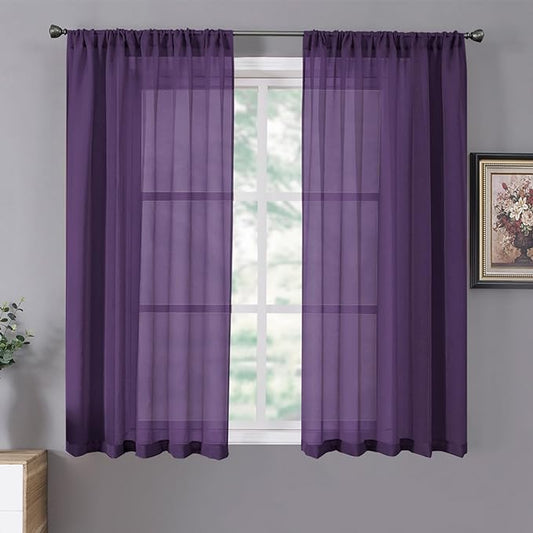 Tollpiz Sheer Curtains Living Room Linen Textured Curtain Sheers Light Filtering Voile Rod Pocket Curtains for Bedroom, 38 x 63 inches Long, Royal Purple, Set of 2 Panels