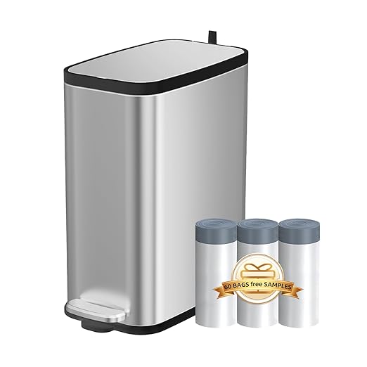 Stainless Steel Bathroom Trash Can with Lid Soft Close,1.6 Gallon Slim Garbage can,Small Metal Step Wastebasket for Office, Bedroom, Toilet, Live Room