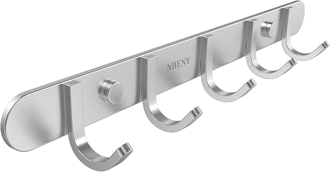 Coat Hook Rack Hanger –Towel Hook Rail with 5 Hooks 13-Inch Wall Mounted for Bedroom, Bathroom, Hallway, Garage, Garden, Office, 304 Stainless Steel Brushed Nickel, Easy Installation (Silver)