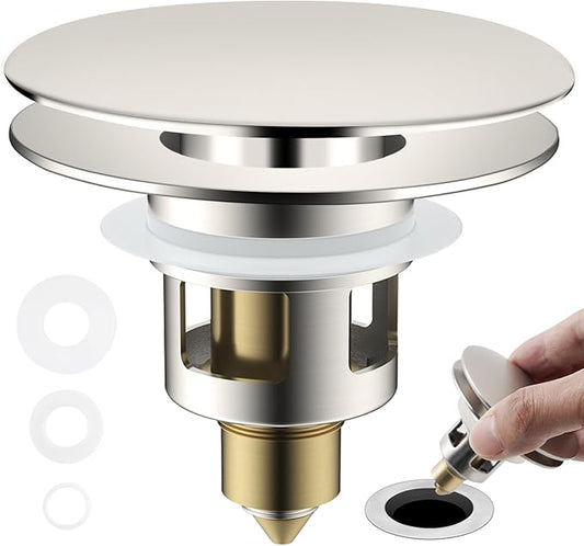 Universal Bathroom Sink Drain Strainer Hair Catcher Upgraded with Removable Stainless Steel Filter Basket, 2 in 1 Pop Up Sink Stopper for 1.1''~2.36'' Sink Basin Hole, Big Cover Cap, Brushed Nickel