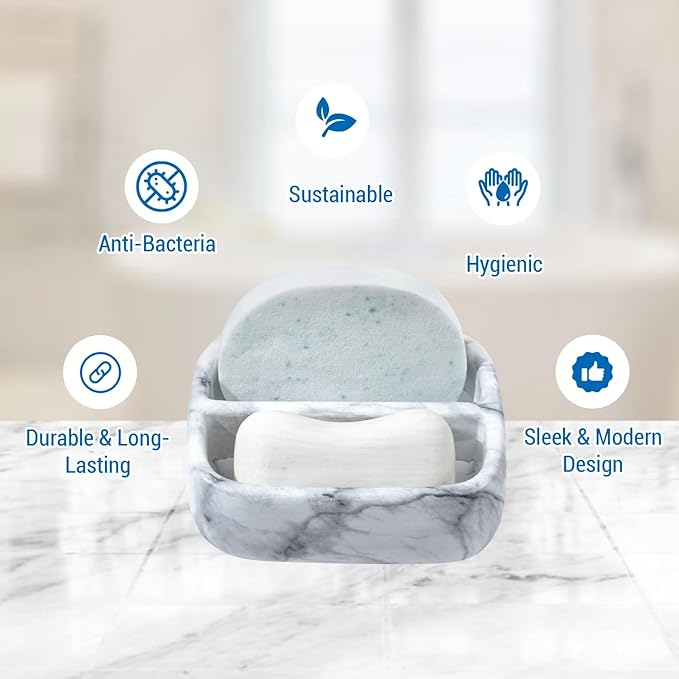 MyGift 5.4 Inch Deluxe Modern White Marble Pattern Resin Double Sponge Holder, Kitchen Sink Countertop Dish Cleaning Sponges or Scrubbing Pads Bowl with 2 Compartments