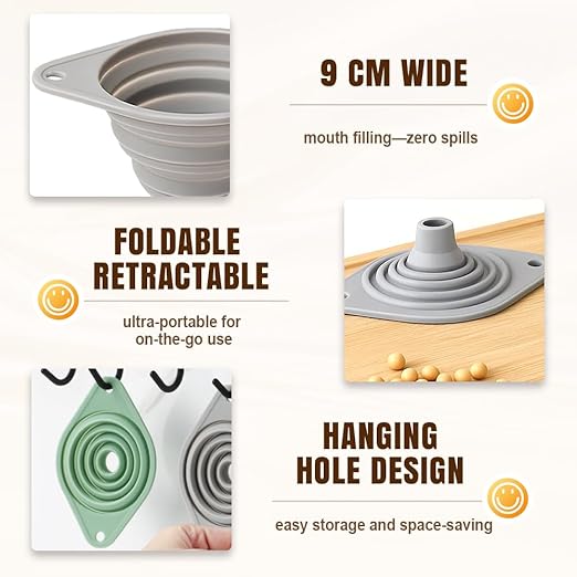 Kitchen Funnel Set 3 Pack, Collapsible Silicone Funnels for Filling Water Bottles & Small Bottles | Food-Grade, Easy Clean & Space-Saving (Gray)