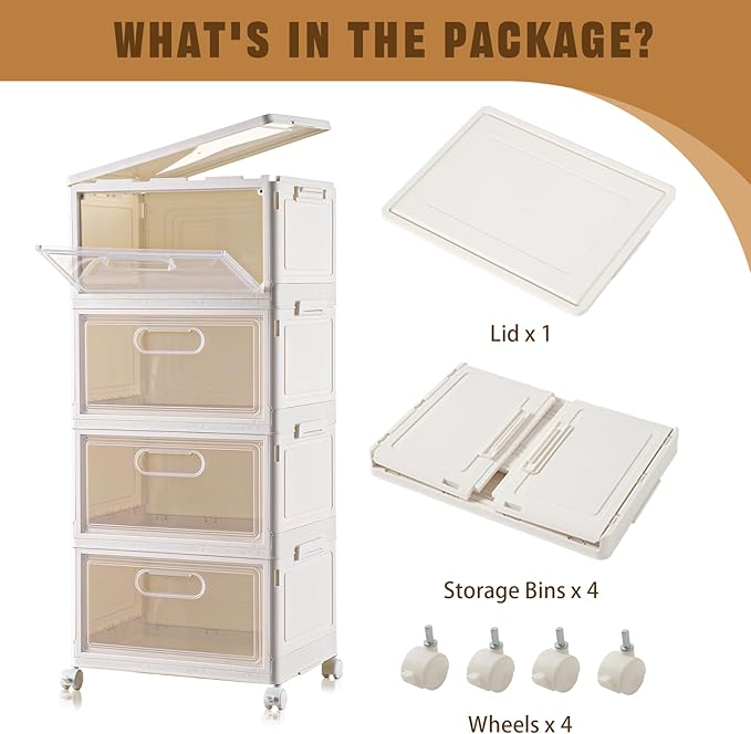 4-Tier Stackable Storage Bins with Lid, 23QT Storage Containers,Clear Foldable Plastic Drawer Storage on Wheels,Closet Organizers and Storage for Living Room,Bedroom,Office,Dorm