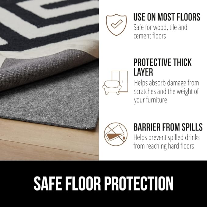 GORILLA GRIP Felt and Natural Rubber Stay in Place Slip Resistant Rug Pad, 1/4in Thick, 8x10 FT Protective Padding Under Area Rugs, Cushioned Gripper Pads, Carpet Runners, Hardwood Floors Protection