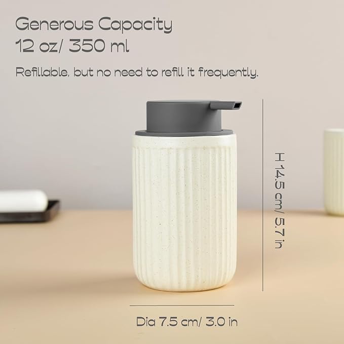 Beige Ceramic Foaming Soap Dispenser 2 Pack, Speckled Rippled 12 oz Bottle with Gray Silicone Pump, Foam Dispenser for Kitchen or Bathroom, Speckled Beige