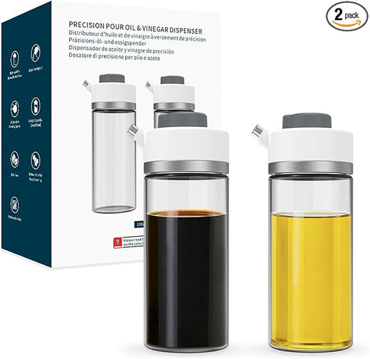 KITCHENDAO Precision Pour Glass Oil Dispenser 2-Piece Set with 3 Modes, Drip-Free Spout, Two Adjustable Flow Speeds, 12 oz Oil and Vinegar Dispensing Bottle 2 Pack Set for Kitchen