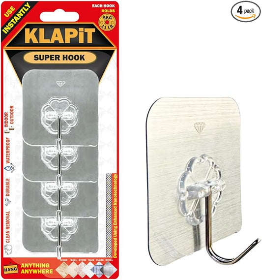 KLAPiT Super Hook - Heavy-Duty Adhesive Wall Hooks, Holds Up to 11 lbs, Waterproof, No Damage, Easy Install on Tile, Wood, Stone, Glass & Metal - Made of Steel (Silver, 4pc)