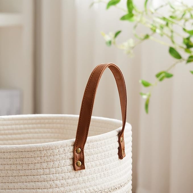 VIPOSCO Tall Laundry Basket, Large Dirty Clothes Hamper with Leather Handle, Woven Rope Storage Basket for Blanket, Toy In Living Room, Bathroom, Bedroom - 58L Brown & White