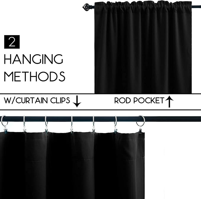Pickluc Black Cafe Curtain (Half Window Curtain) 36 Inches Length, Rod Pocket Small Kitchen Curtain, Short Blackout Curtain for Small Window, 30" Wide and 36" Long, 2 Panels