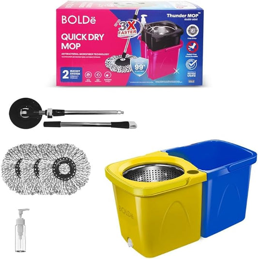 Thunder Mop Spin System - 2 Compact Stackable 6L Buckets, Microfiber Head, Stainless Steel Wringer, Antifungal Quick-Dry Cleaning, Soap Dispenser, 3 Free Refills (Yellow/Blue)