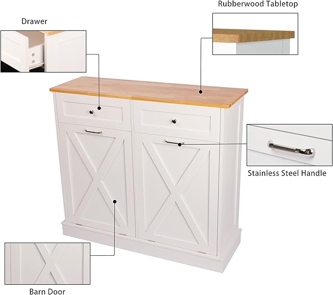 Betterhood Double Tilt Out Trash Cabinet Can Bin Kitchen 20 Gallon Wooden Free Standing Laundry Sorter,Recycling Cabinet with Hideaway Drawer, (White)