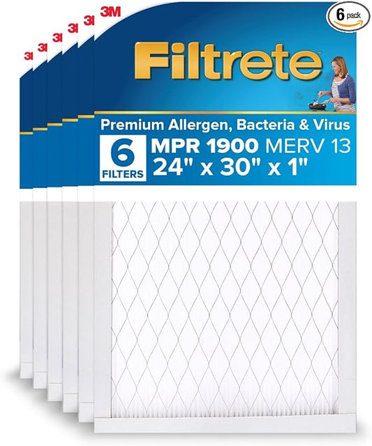 Filtrete 24x30x1 AC Furnace Air Filter, MERV 13, MPR 1900, Premium Allergen, Bacteria & Virus Filter, 3-Month Pleated 1-Inch Electrostatic Air Cleaning Filter, 6-Pack (Actual Size 23.81x29.81x0.78 in)