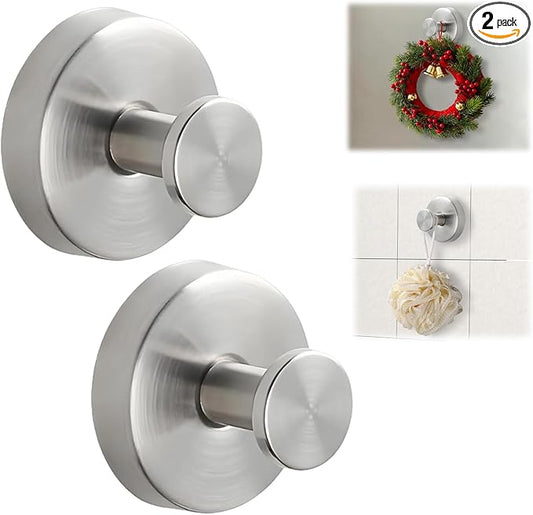 Suction Cup Hooks for Wreaths on Glass, No-Drill Suction Cup Hooks, Wreath Hangers for Front Doors, Metal Towel Hooks for Showers Bathrooms Mirrors (2Pcs Silver)