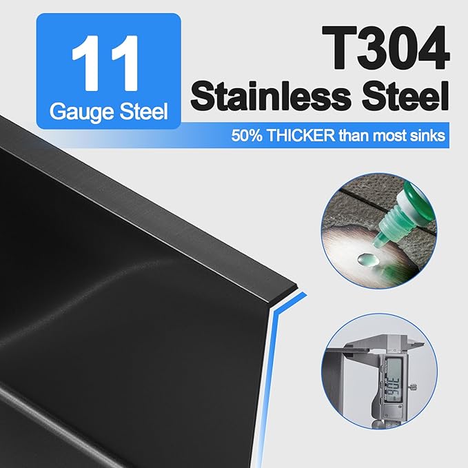 24x18x9 Inch Kitchen Sink, Handmade 304 Black Stainless Steel Single Bowl, 2-Hole Drop In Installation, R10 Tight Corner, for Modern Kitchen/RV/Outdoor Sink