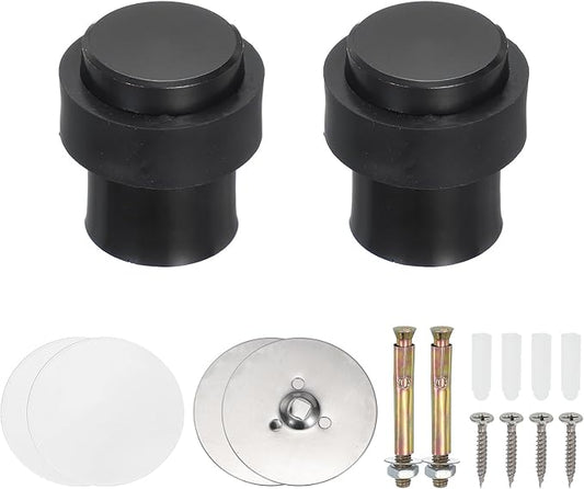 PATIKIL 2Set Round Door Stoppers, 46mm Stainless Steel Door Stop Doorstop Wedge Metal Cylinder Self Adhesive with Screw for Bottom of Door Floor Inside, Black