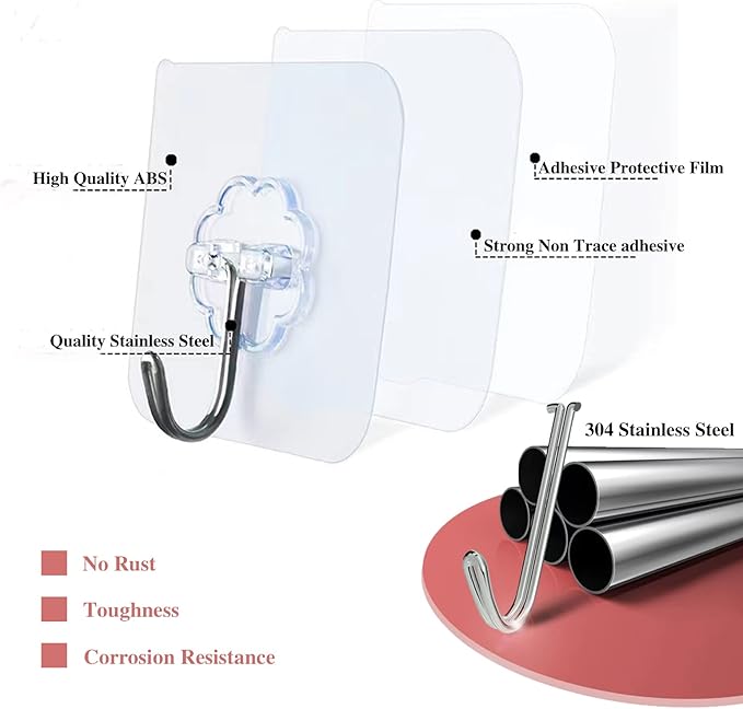 DDMY Hooks for Hanging, 50 Pack Wall Hooks 50lb(Max) Transparent Reusable Waterproof Adhesive Hook for Kitchen Curtain, Towel Hook for Bathrooms, Heavy Duty Self Coat Hook for Walls No Damage