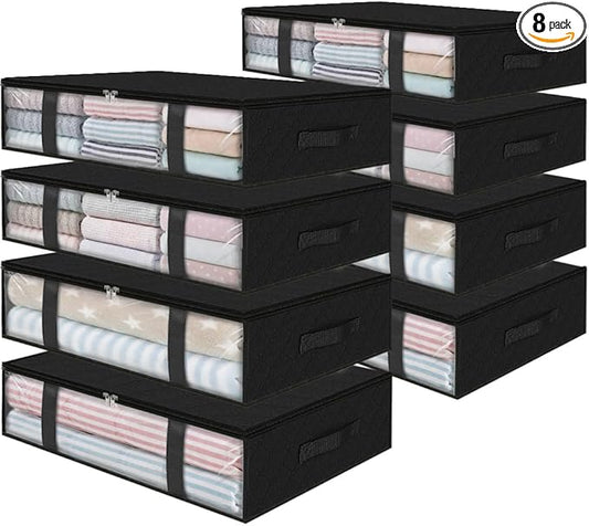 StorageRight Under Bed Storage Bins, 8-Pack 40L Foldable Fabric Storage Bags with Transparent Window, Breathable Organizer for Clothes/Blanket/Comforter/Quiltr, Black