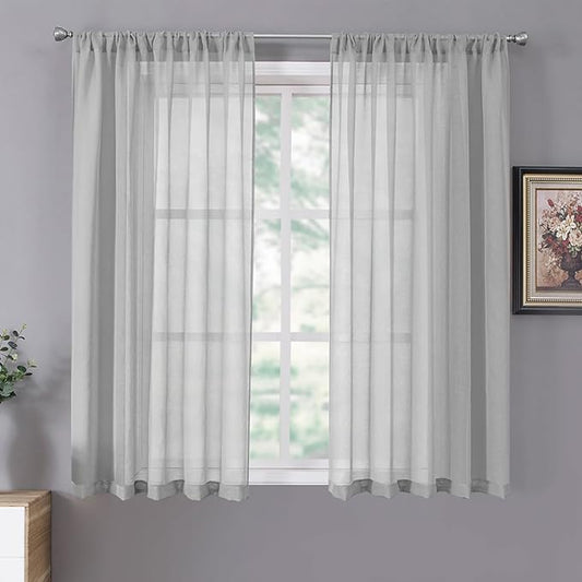 Tollpiz Short Sheer Curtain Linen Textured Bedroom Curtains Sheer Light Filtering Rod Pocket Voile Curtain for Living Room, 54 x 54 inches Long, Silver Grey, Set of 2 Panels