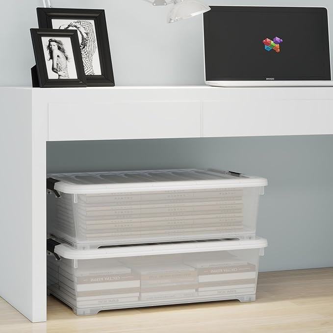52 Quart Large Plastic Underbed Latching Storage Box, Clear Wheeled Under Bed Storage Bins, 3 Packs