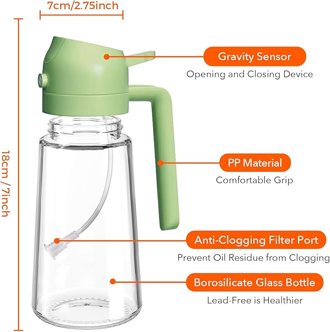 YARRAMATE 2Pcs 16oz/470ml 2 in 1 Oil Sprayer for Cooking with Stickers, Food-grade Glass Oil Spray Bottle, Oil Dispenser and Oil Sprayer for Kitchen, Salad, Frying, BBQ (White & Green)