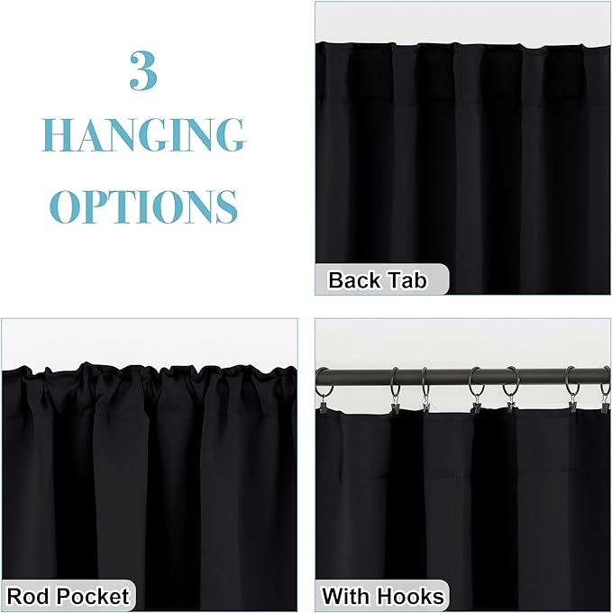 RYB HOME Short Bedroom Blackout Curtains - Small Window Treatment Set Energy Saving Thermal Insulated Drapes for Living Room/Nursery/Kitchen, 42-inch Wide x 45-inch Long, Black, 2 Panels