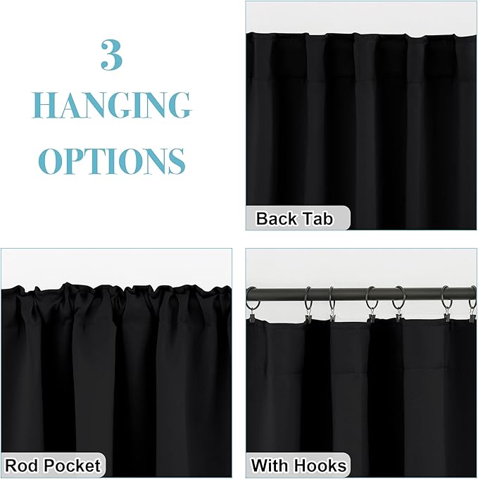 RYB HOME Small Window Curtains - Blackout Insualting Privacy Curtains for Kids Bedroom Kitchen Bathroom Basement Cafe Cabinet Tiers Drapes, 34 Width x 24 Length, 2 Panels, Black