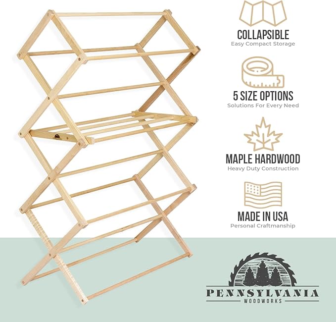 Pennsylvania Woodworks Clothes Drying Rack: Solid Maple Hard Wood Laundry Rack for Sweaters, Blouses, Lingerie & More, Durable Folding Drying Rack, Made in USA, No Assembly Needed, Medium