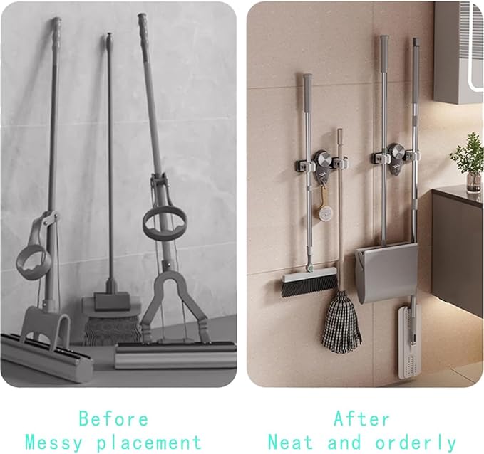 Mop and Broom Holder Wall Mount, No Punching Required Broom and Mop Organizer Wall Hanging with Hooks for Bathroom, Laundry Room, Garage, Kitchen,Garden Tool Organizer Storage (2pcs Transparent)