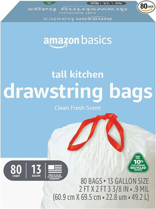 Amazon Basics 13 Gallon Tall Kitchen Drawstring Trash Bags, Clean Fresh Scent, 10% Post Consumer Recycled, 80 count