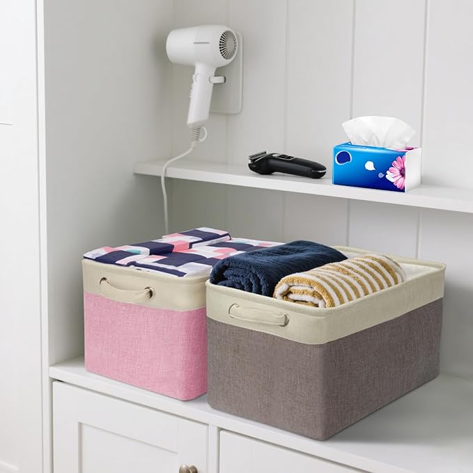 BALEINE 3 Pack Fabric Storage Bins for Shelves, Linen Storage Baskets for Organizing, Decorative Closet Bins for Clothes, Home (Navy Blue, 15"x11"x9.5")