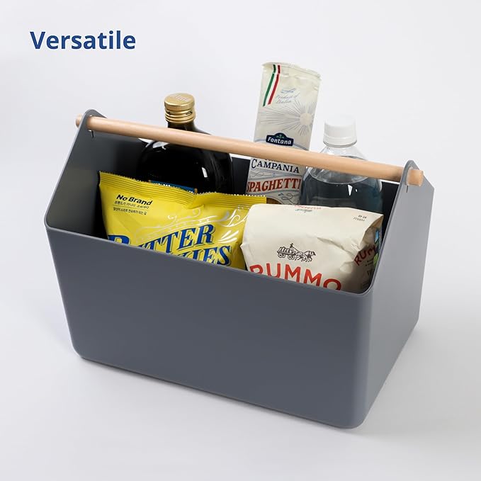 BLUE GINKGO Large Storage Basket – Plastic Caddy with Wooden Handle for Bathroom, Pantry, or Cleaning Supplies (Gray)