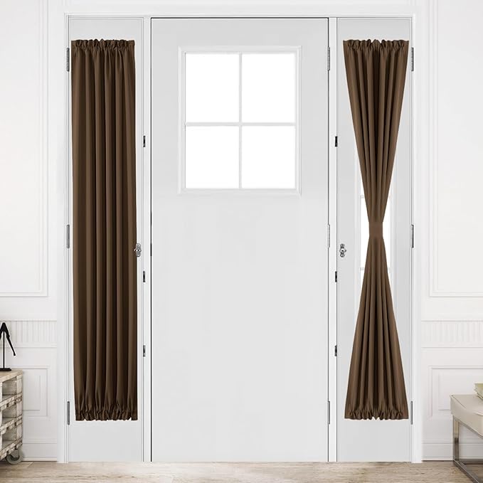 DWCN French Door Curtains – Rod Pocket Thermal Blackout Curtain for Doors with Glass Window, Kitchen and Patio Doors for Privacy, 12 X 72 Inches Long, 1 Curtain Panel with Tieback, Brown