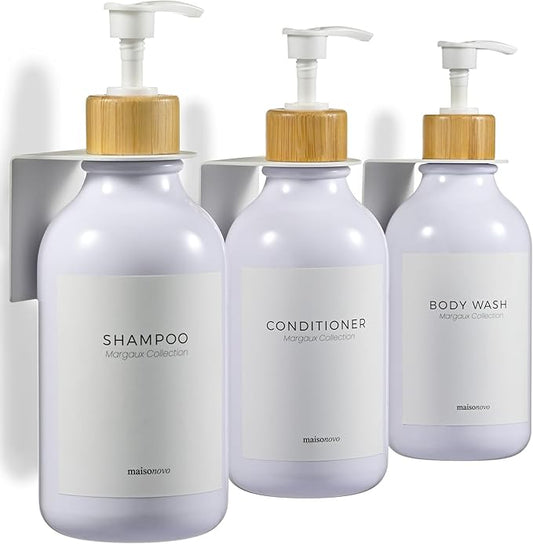 MaisoNovo Shampoo and Conditioner Dispenser - Shower Soap Dispenser Wall Mounted - 16.9 fl oz Set of 3 White Plastic Bottles Bamboo Pump - 3 Chamber No Drill