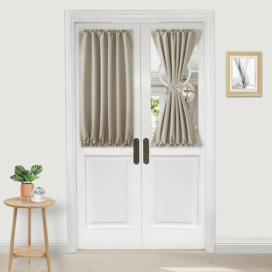 DWCN French Door Curtains – Rod Pocket Thermal Blackout Curtain for Doors with Glass Window, Kitchen and Patio Doors for Privacy, 25 X 40 Inches Long, 1 Curtain Panel with Tieback, Taupe
