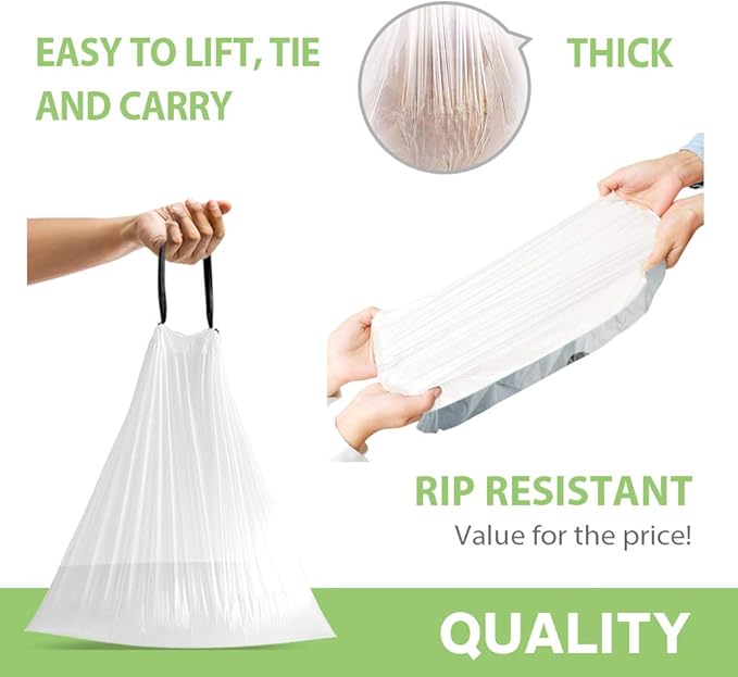Teivio 2 Gallon 140pcs Strong Drawstring Trash Bags Garbage Bags, Bathroom Trash Can Bin Liners, Small Plastic Bags for Office Kitchen Home, White