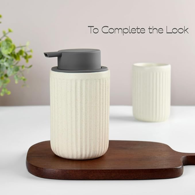 Beige Ceramic Foaming Soap Dispenser 2 Pack, Speckled Rippled 12 oz Bottle with Gray Silicone Pump, Foam Dispenser for Kitchen or Bathroom, Speckled Beige