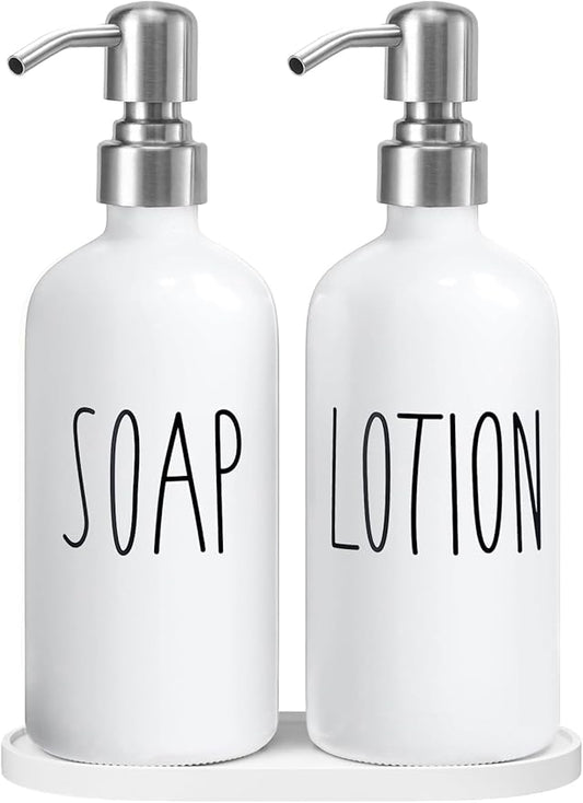 MOMEEMO Hand Soap Dispenser for Bathroom, Soap and Lotion Dispenser Set with Silver Metal Pump, Suitable for Farmhouse Bathroom Decor. (White & Silver)