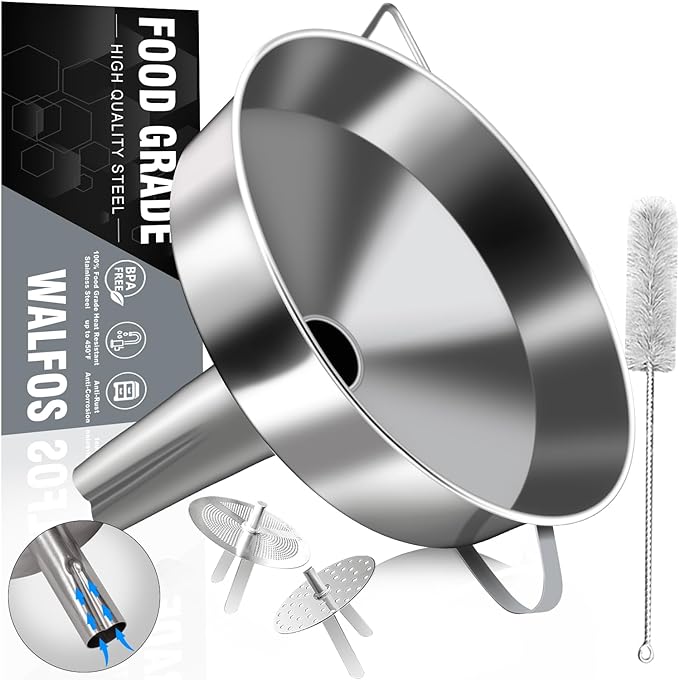 Walfos Extra Large Stainless Steel Funnel with Venting Slot, Kitchen Funnel with 2 Removable Strainer ＆ 1Pc Cleaning Brush, Perfect for Transferring Liquid, Oils, Jam, Dry Ingredients (Jumbo, 7.9")