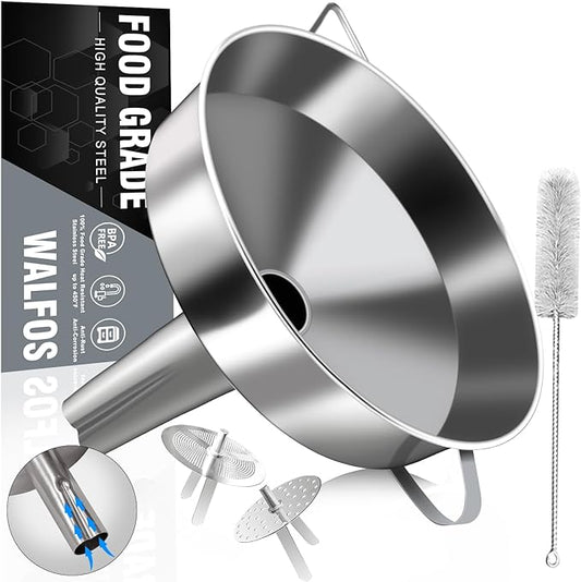 Walfos Extra Large Stainless Steel Funnel with Venting Slot, Kitchen Funnel with 2 Removable Strainer ＆ 1Pc Cleaning Brush, Perfect for Transferring Liquid, Oils, Jam, Dry Ingredients (Jumbo, 7.9")