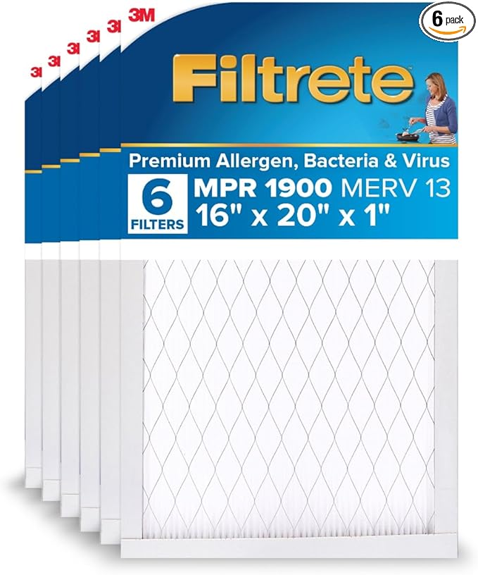 Filtrete 16x20x1 AC Furnace Air Filter, MERV 13, MPR 1900, Premium Allergen, Bacteria & Virus Filter, 3-Month Pleated 1-Inch Electrostatic Air Cleaning Filter, 6-Pack (Actual Size 15.69x19.69x0.78 in)
