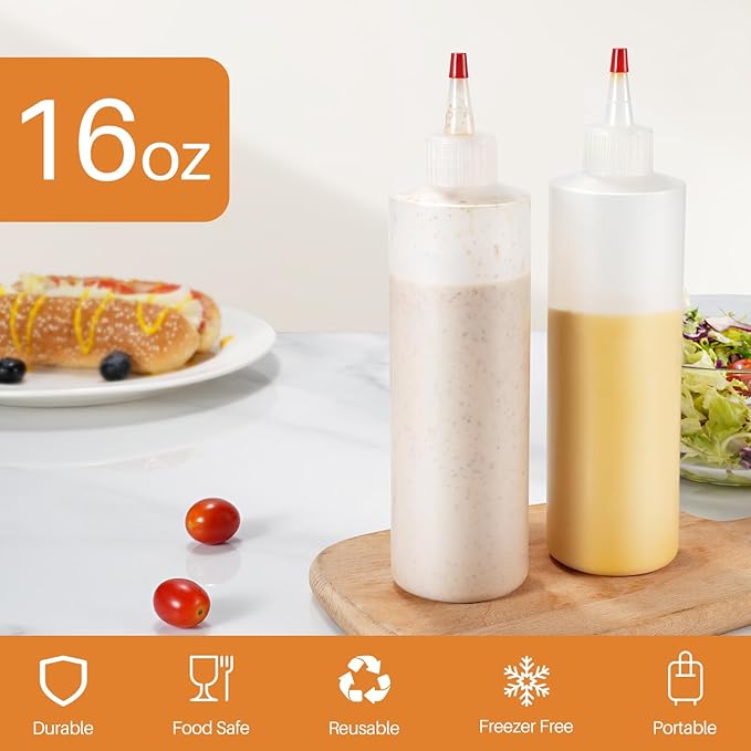 Squeeze Bottles, 16oz Plastic Condiment Squeeze Bottles with Labels & Funnels & Brusher for Liquids Sauces Ketchup Oil, 6 Pack