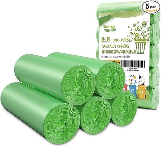 Small Trash Bags, Biodegradable 2.6 Gallon Extra Thick Garbage Bags, Recycling & Degradable Rubbish Bags Wastebasket Liners for Kitchen Bathroom Office Car Pet, (5 Rolls / 100 Counts, Green)