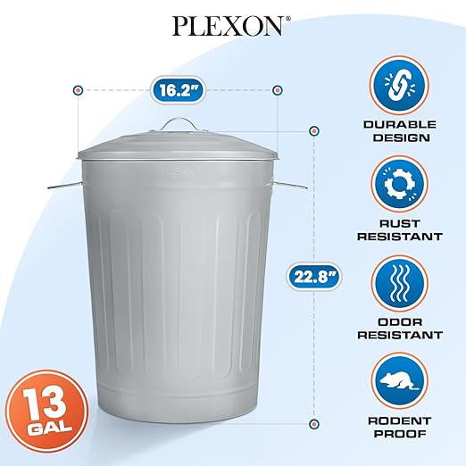 Plexon Round Trash Can 13 Gallon, Vintage Metal Outdoor Trash Can with Lid, Retro Farmhouse Garbage Container, Old School Modern Ash Bucket, Gray