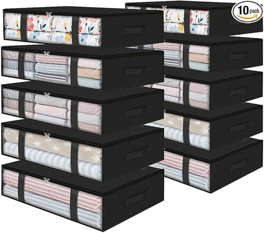 StorageRight Under Bed Storage Bins, 10-Pack 40L Foldable Fabric Storage Bags with Transparent Window, Breathable Organizer for Clothes/Blanket/Comforter/Quiltr, Black