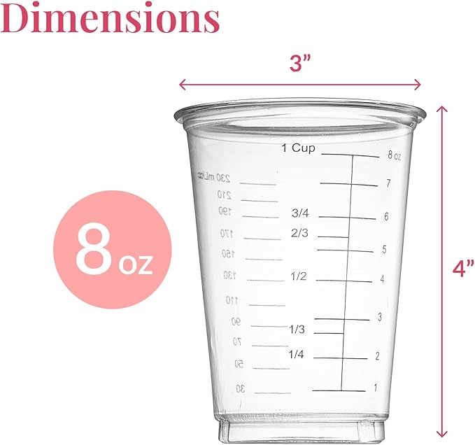 Prestee 50 Disposable Measuring Cups 8 oz - Plastic Paint Measuring Cups and Disposable Mixing Cups for Epoxy Resin - Versatile, Clear Measurement for Wet and Dry Ingredients for Baking and Crafting